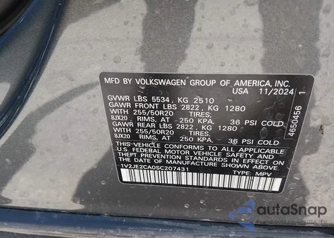 2025 Volkswagen Atlas Cross Sport 2.0T Se W/Technology из США, поврежденный, VIN 1V2JE2CA0SC207431